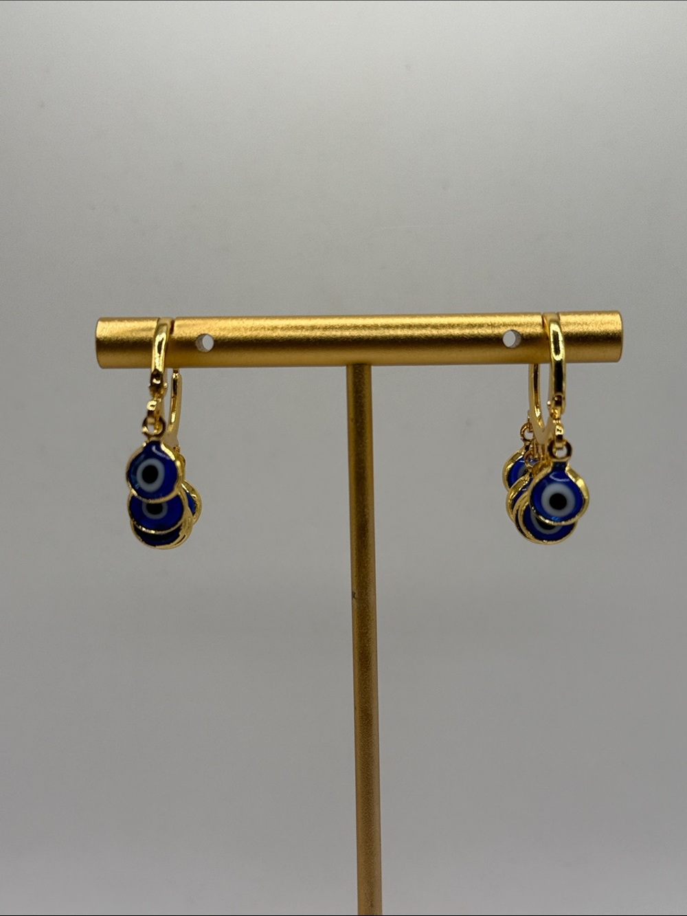 Vintage Gold Tone Blue Evil Eye Charm Beaded Hoop Dangle Drop Earrings